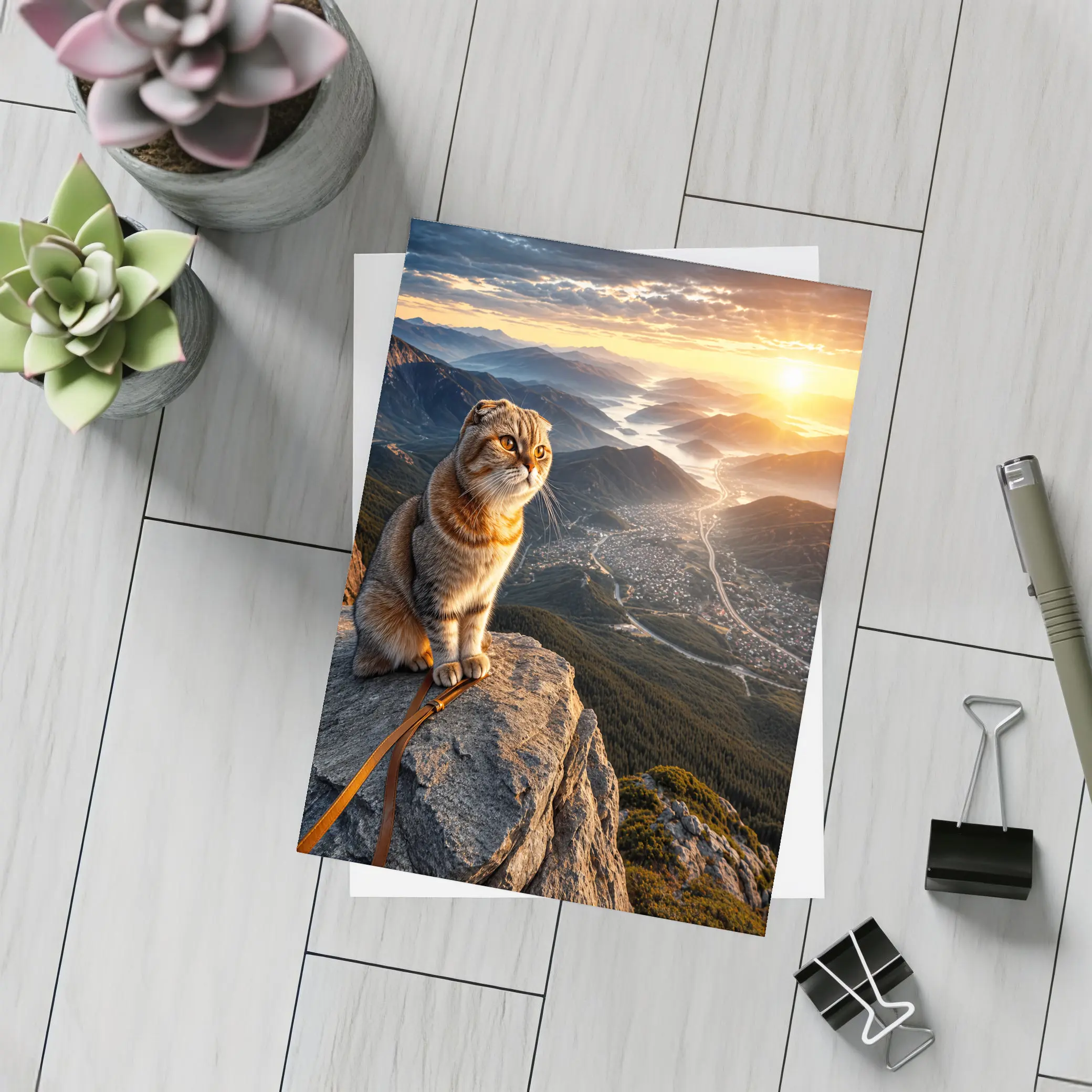 Scottish Fold Cat Mountain Summit Sunset View – Postcards
