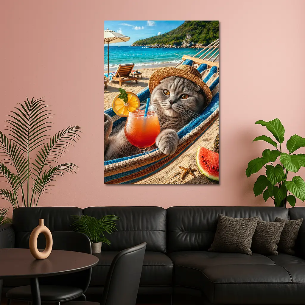 Scottish Fold Cat Relaxing Beach Hammock Cocktail – Wall Art