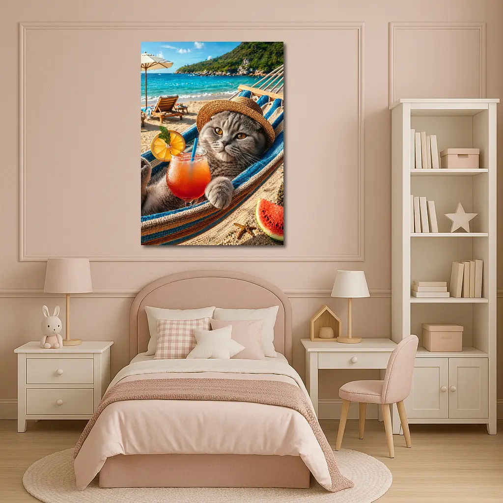 Scottish Fold Cat Relaxing Beach Hammock Cocktail – Wall Art