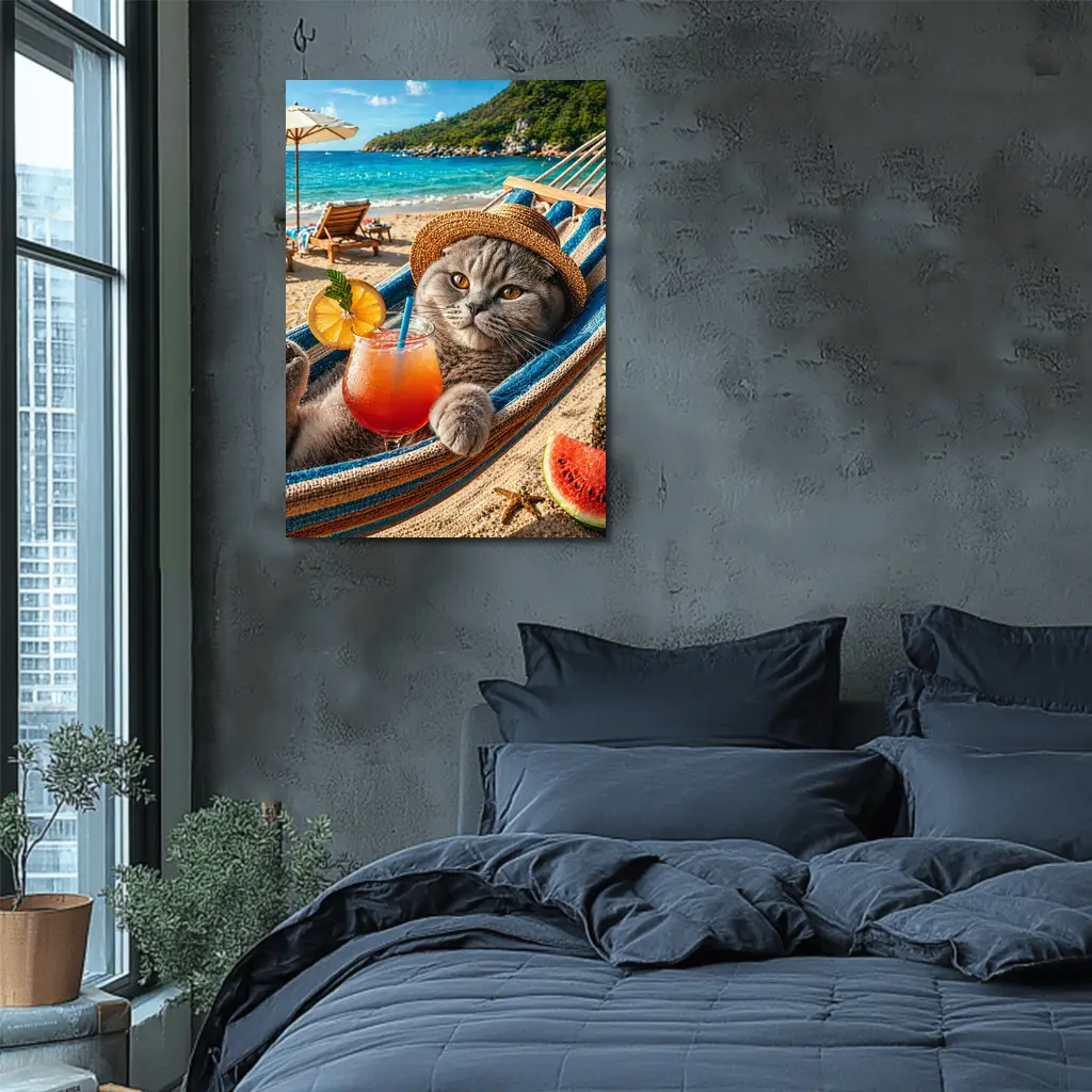 Scottish Fold Cat Relaxing Beach Hammock Cocktail – Wall Art