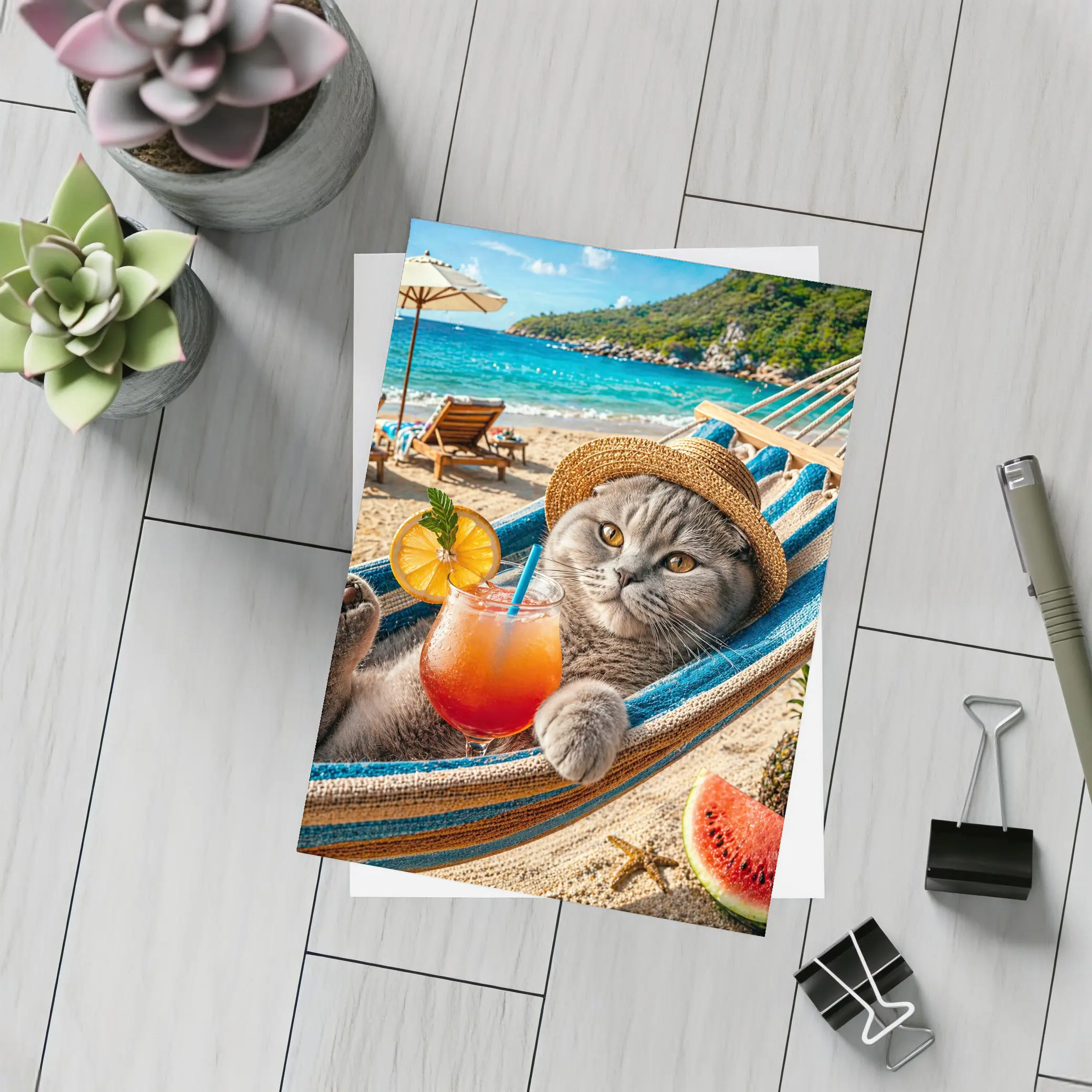 Scottish Fold Cat Relaxing Beach Hammock Cocktail – Postcards