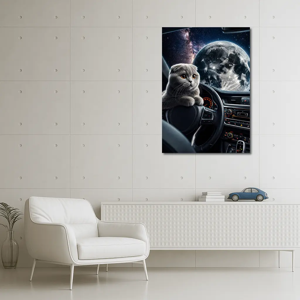 Scottish Fold Cat Driving Through Space – Wall Art