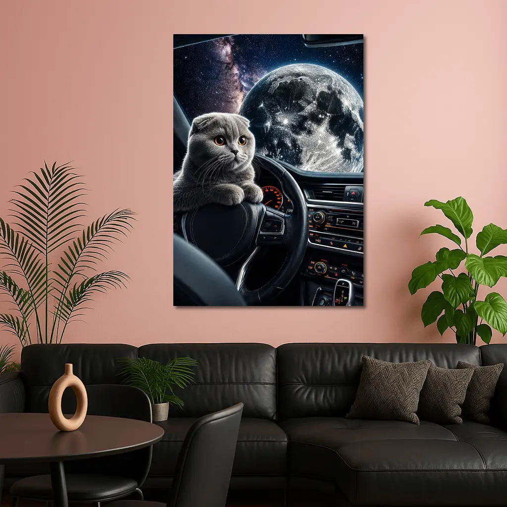 Scottish Fold Cat Driving Through Space – Wall Art