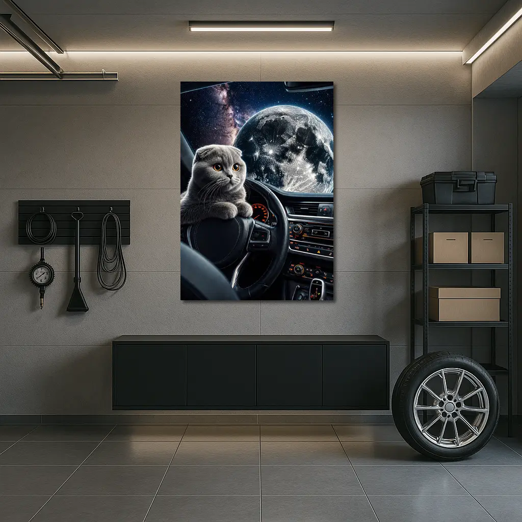 Scottish Fold Cat Driving Through Space – Wall Art
