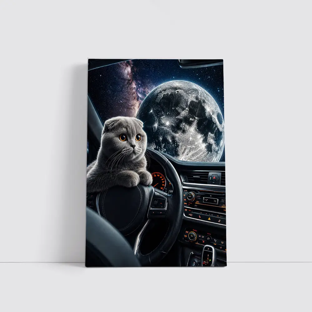 Scottish Fold Cat Driving Through Space – Wall Art