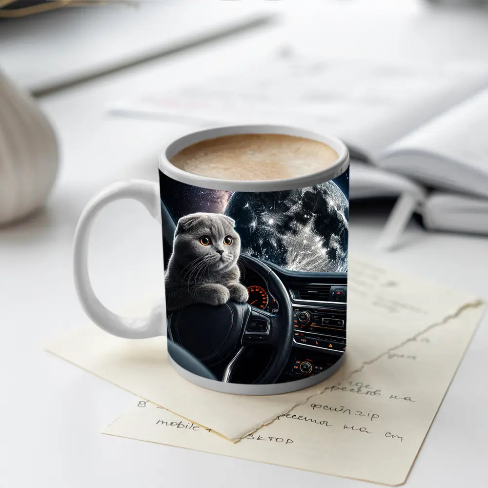 Scottish Fold Cat Driving Through Space – Mugs