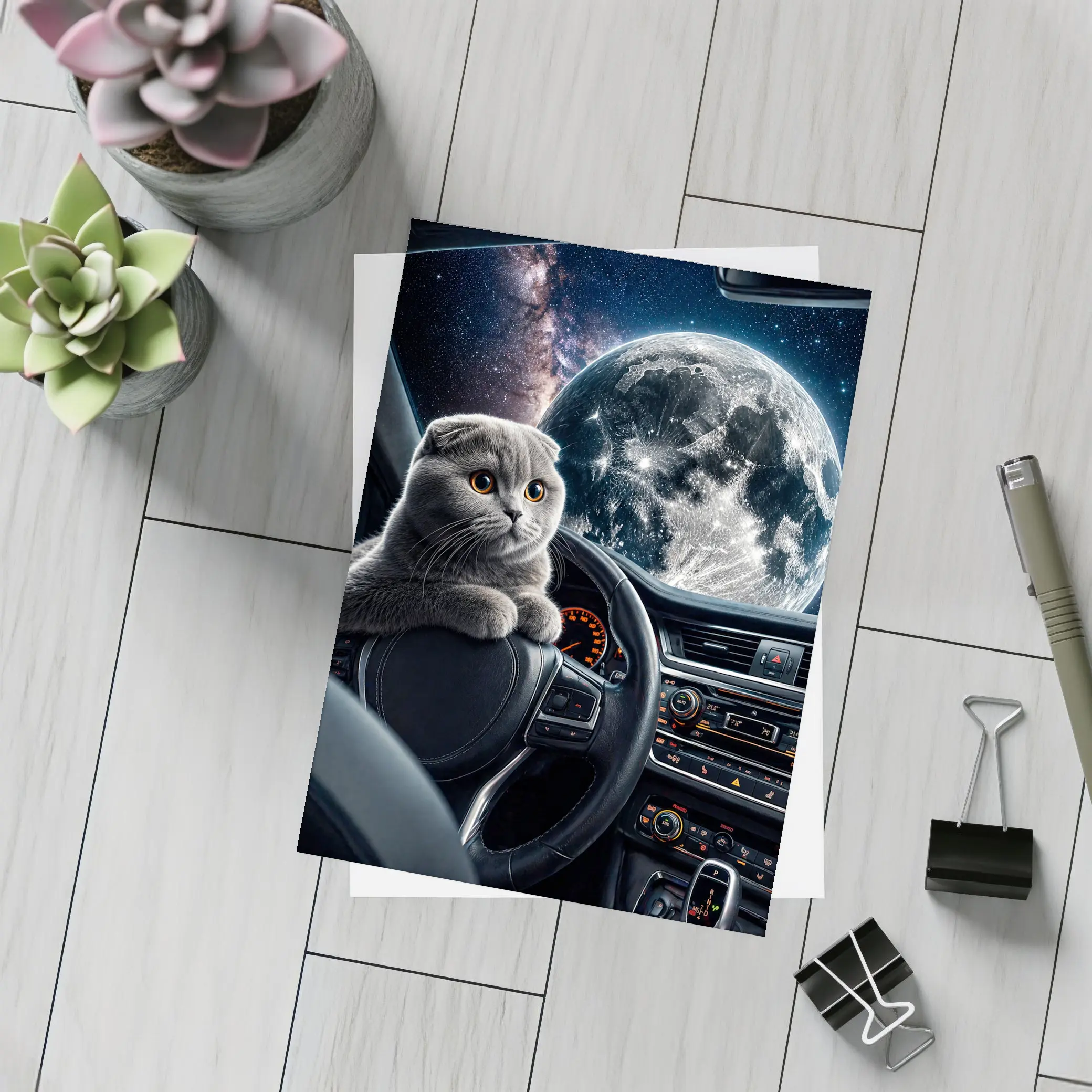 Scottish Fold Cat Driving Through Space – Postcards