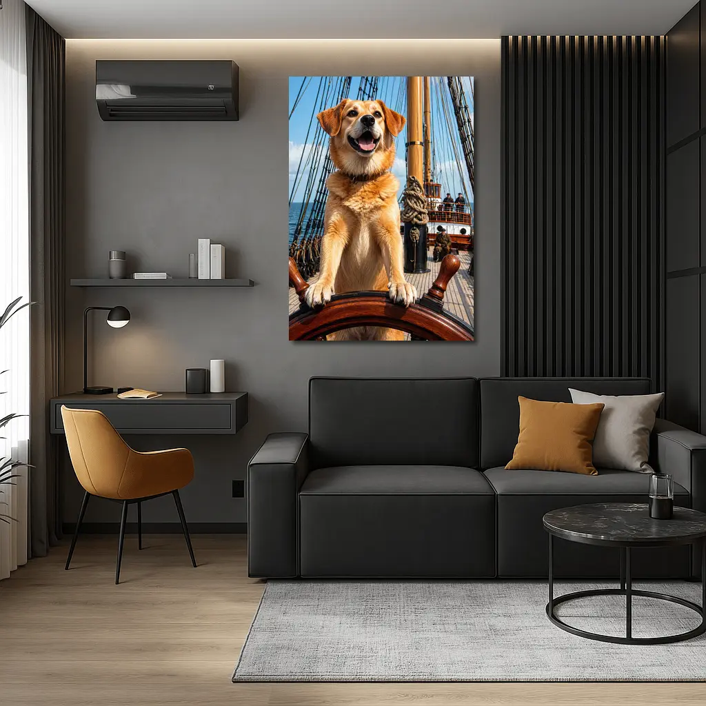 Golden Retriever Captain Steering Tall Ship – Wall Art