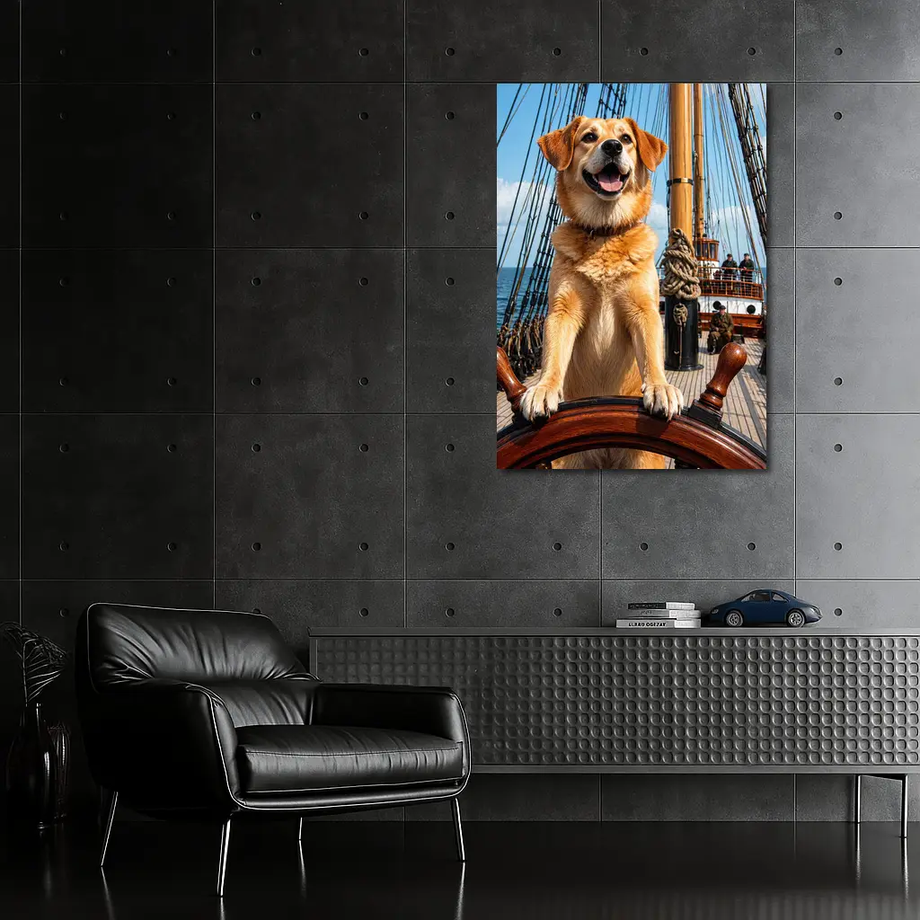 Golden Retriever Captain Steering Tall Ship – Wall Art