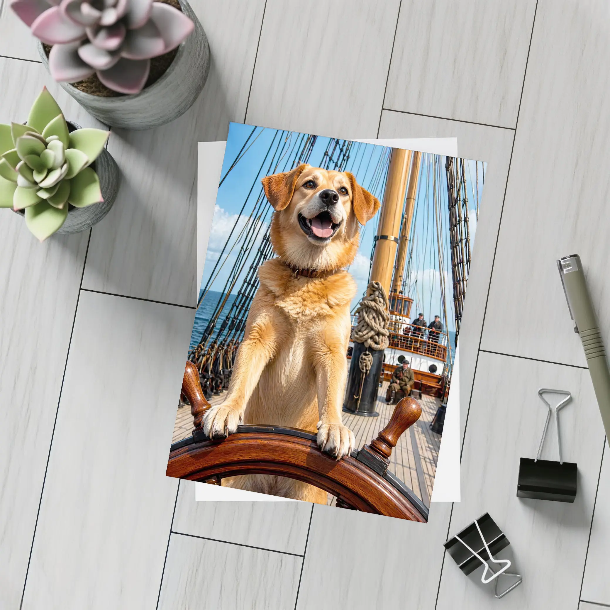 Golden Retriever Captain Steering Tall Ship – Postcards