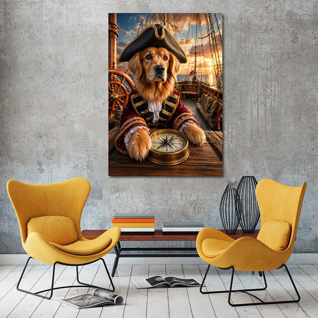Golden Retriever Pirate Captain On Ship Deck – Wall Art