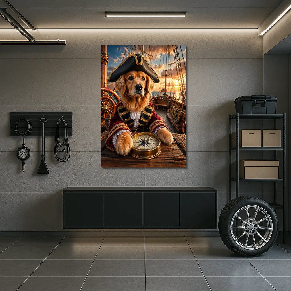 Golden Retriever Pirate Captain On Ship Deck – Wall Art