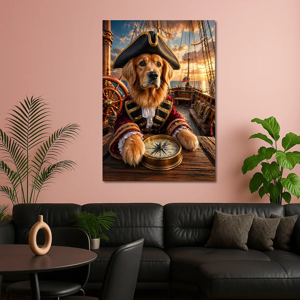 Golden Retriever Pirate Captain On Ship Deck – Wall Art