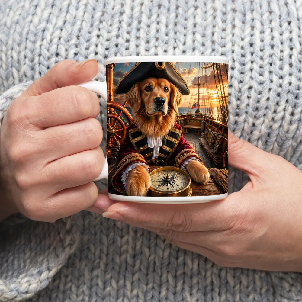 Golden Retriever Pirate Captain On Ship Deck – Mugs