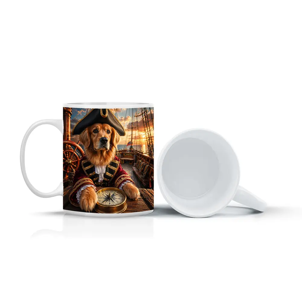 Golden Retriever Pirate Captain On Ship Deck – Mugs