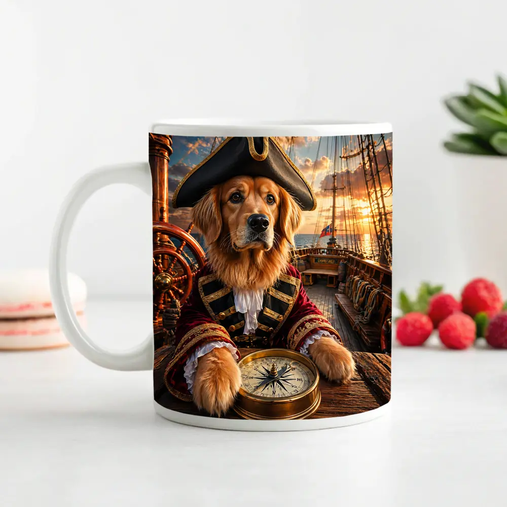 Golden Retriever Pirate Captain On Ship Deck – Mugs