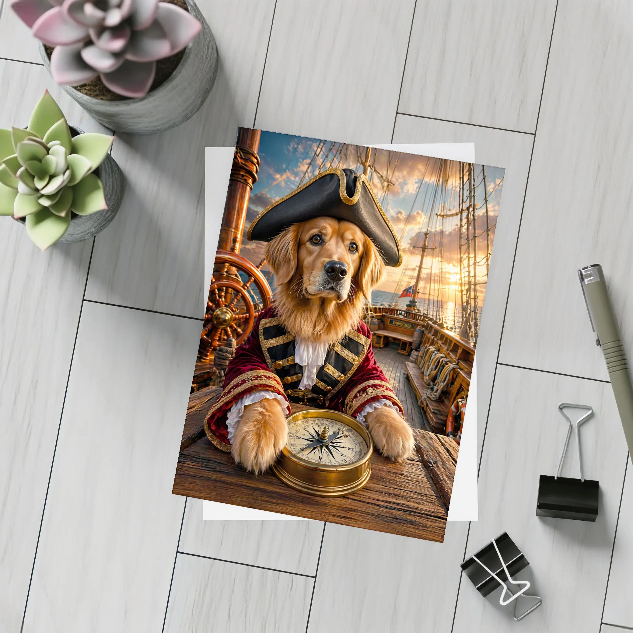 Golden Retriever Pirate Captain On Ship Deck – Postcards