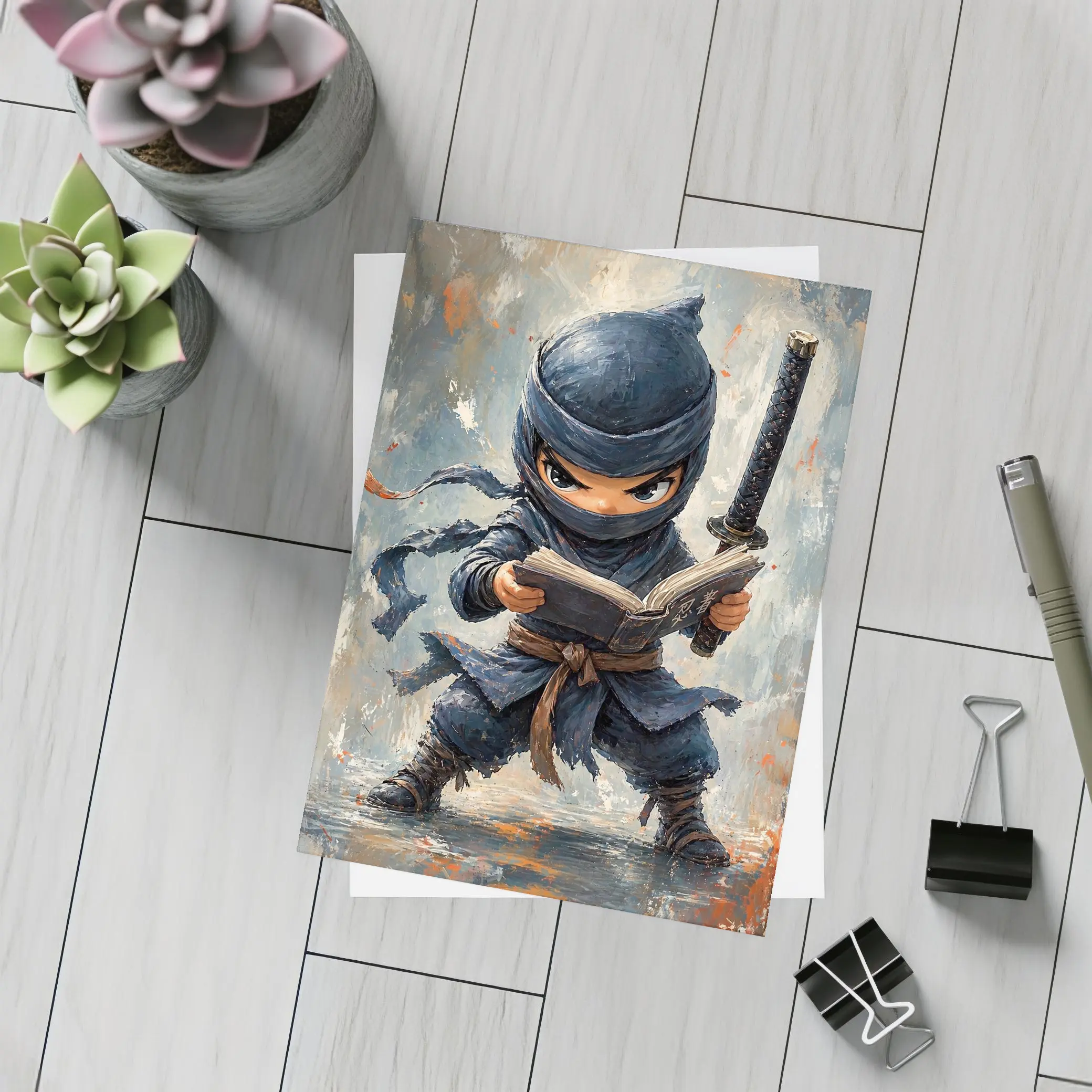 Little Ninja Reading Book With Katana – Postcards