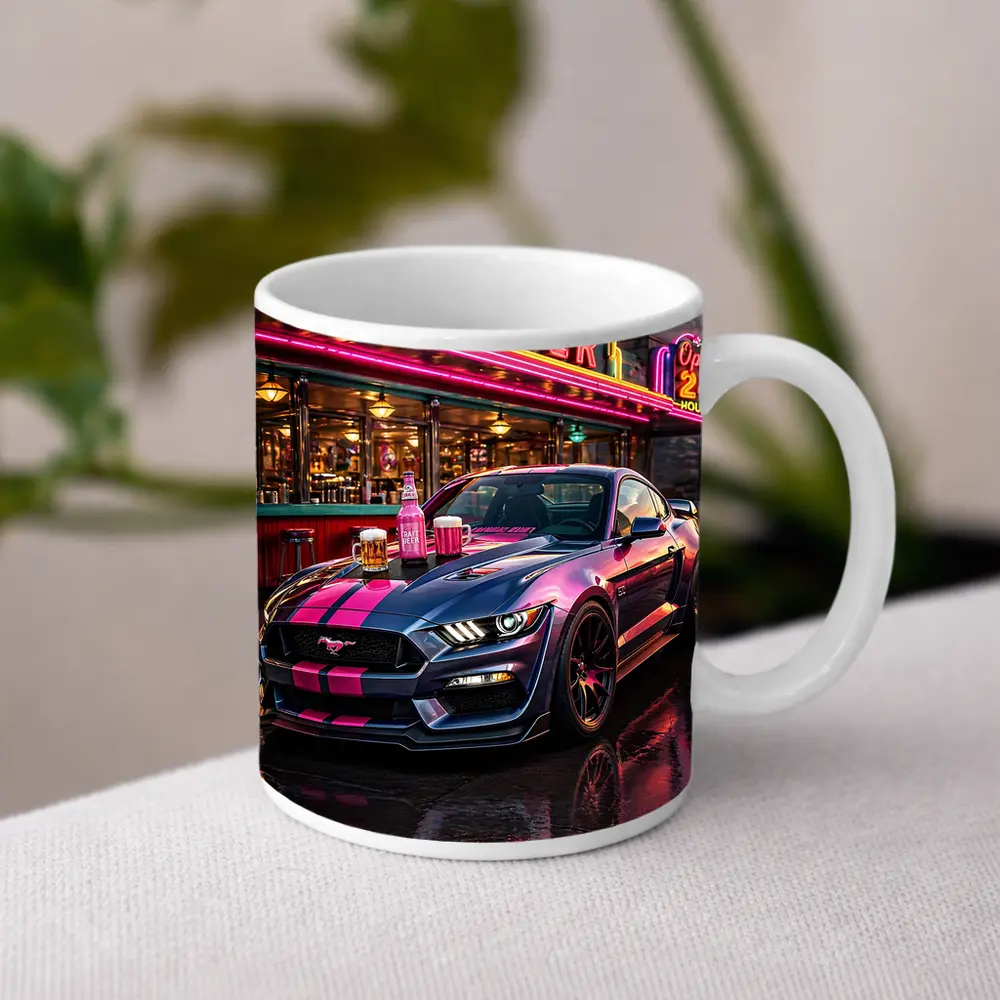 Ford Mustang Shelby Pink Neon Diner Night – Mugs