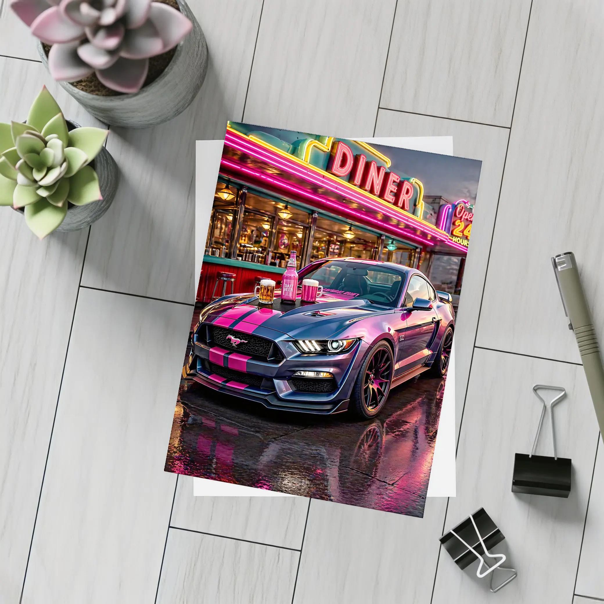 Ford Mustang Shelby Pink Neon Diner Night – Postcards