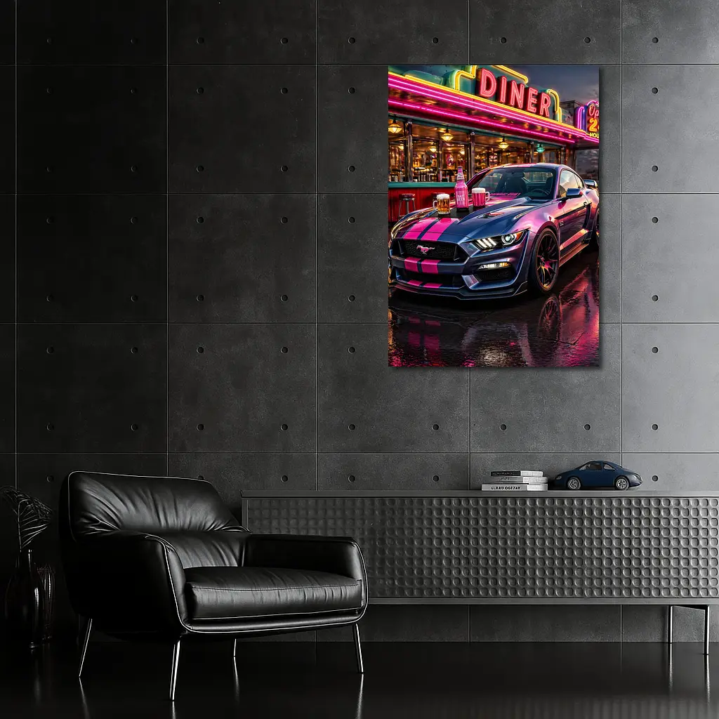 Ford Mustang Shelby Pink Neon Diner Night – Wall Art