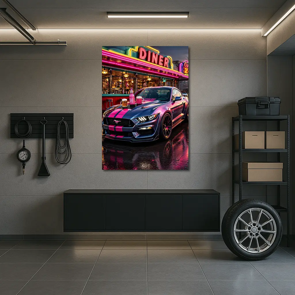 Ford Mustang Shelby Pink Neon Diner Night – Wall Art