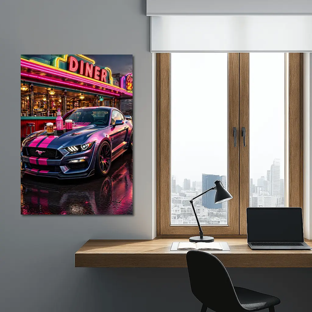 Ford Mustang Shelby Pink Neon Diner Night – Wall Art