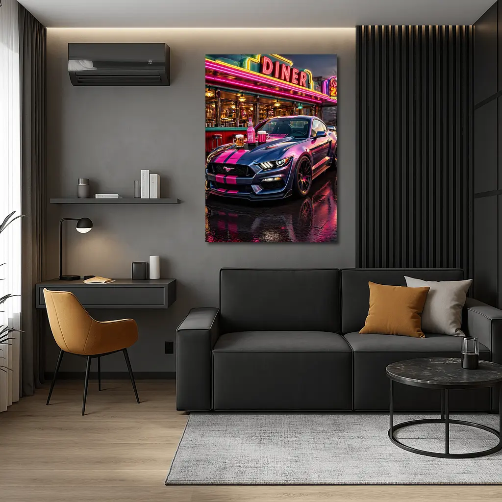 Ford Mustang Shelby Pink Neon Diner Night – Wall Art