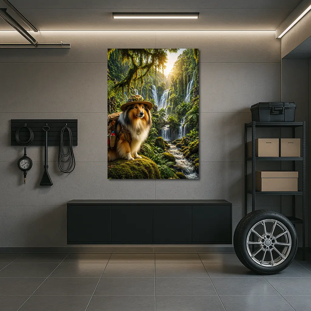 Collie Explorer Dog Jungle Waterfall Adventure – Wall Art