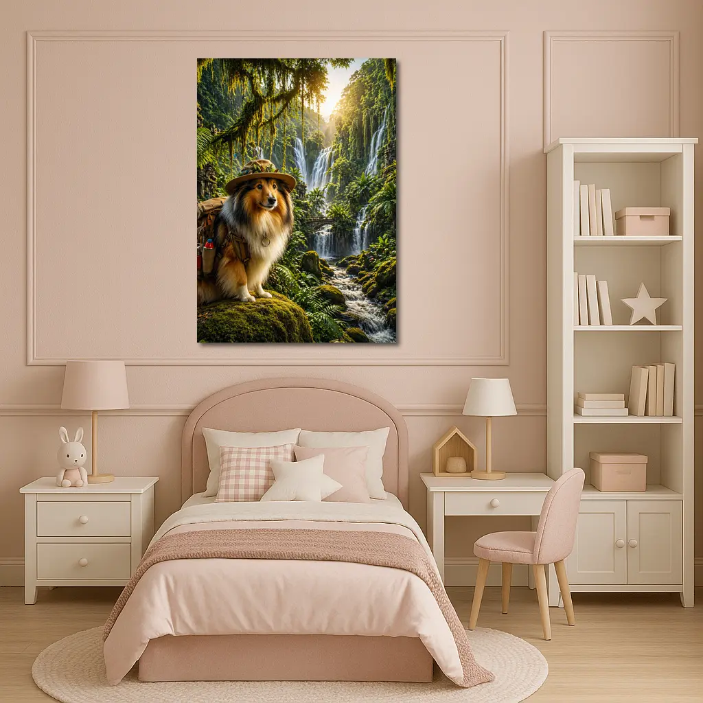 Collie Explorer Dog Jungle Waterfall Adventure – Wall Art