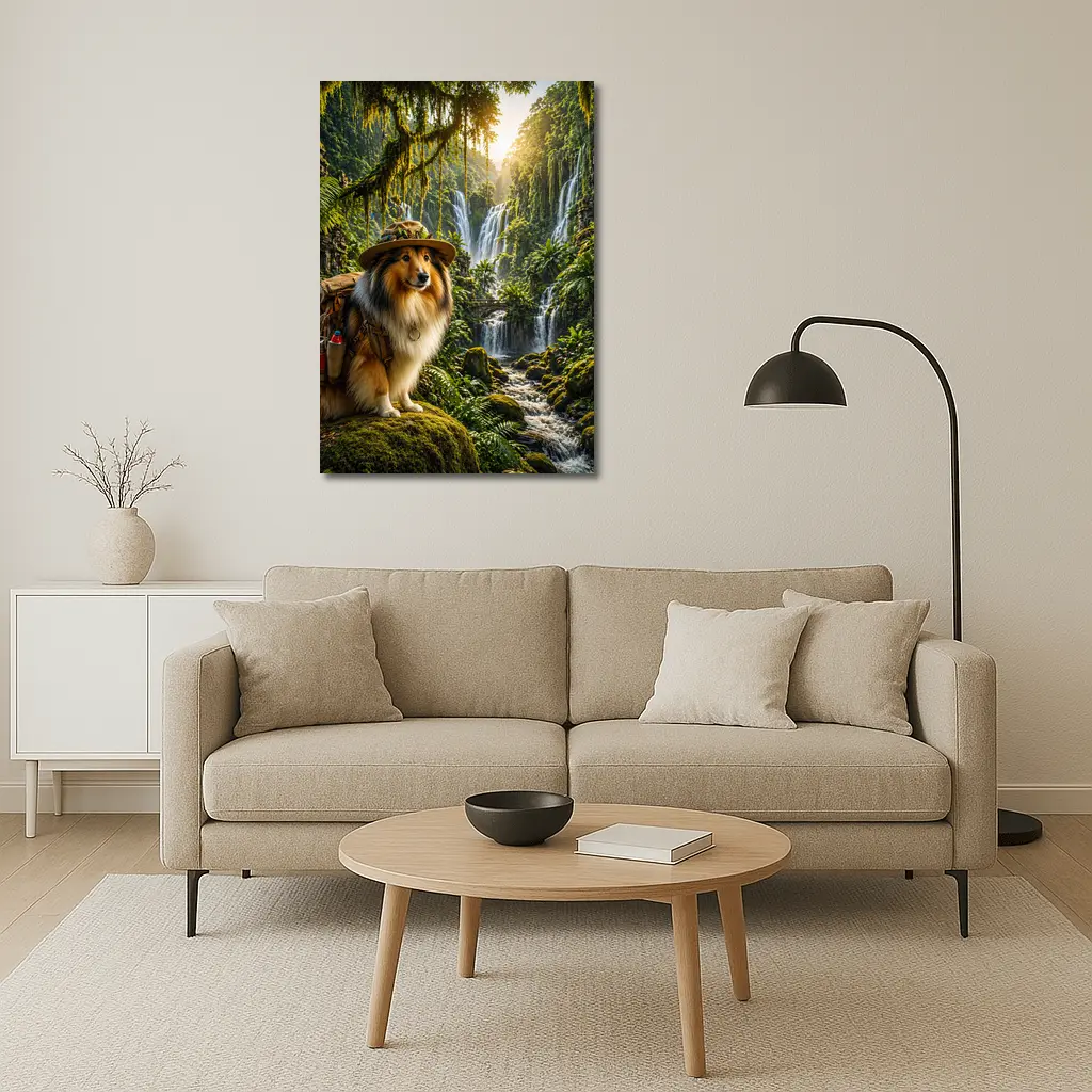 Collie Explorer Dog Jungle Waterfall Adventure – Wall Art