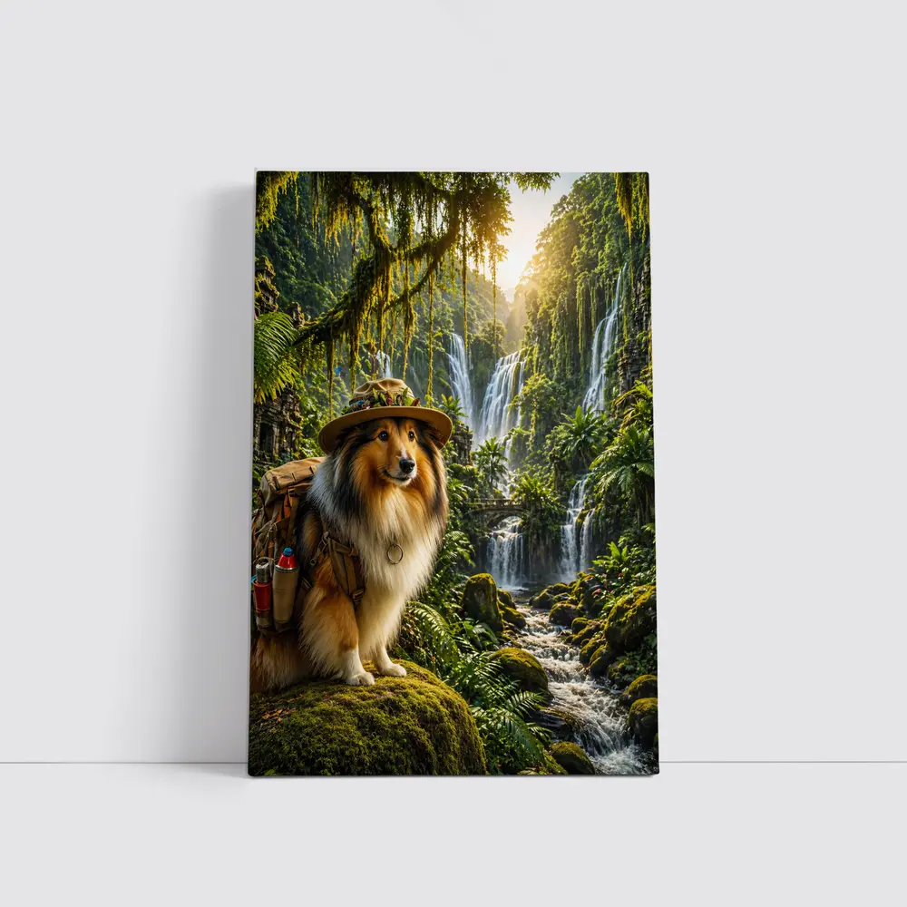 Collie Explorer Dog Jungle Waterfall Adventure – Wall Art