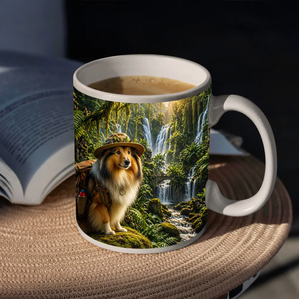 Collie Explorer Dog Jungle Waterfall Adventure – Mugs
