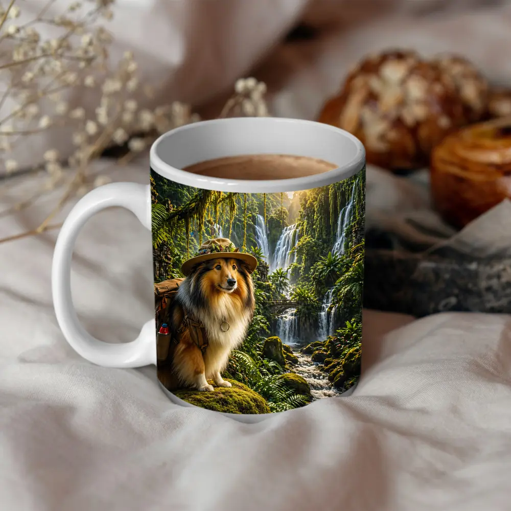 Collie Explorer Dog Jungle Waterfall Adventure – Mugs