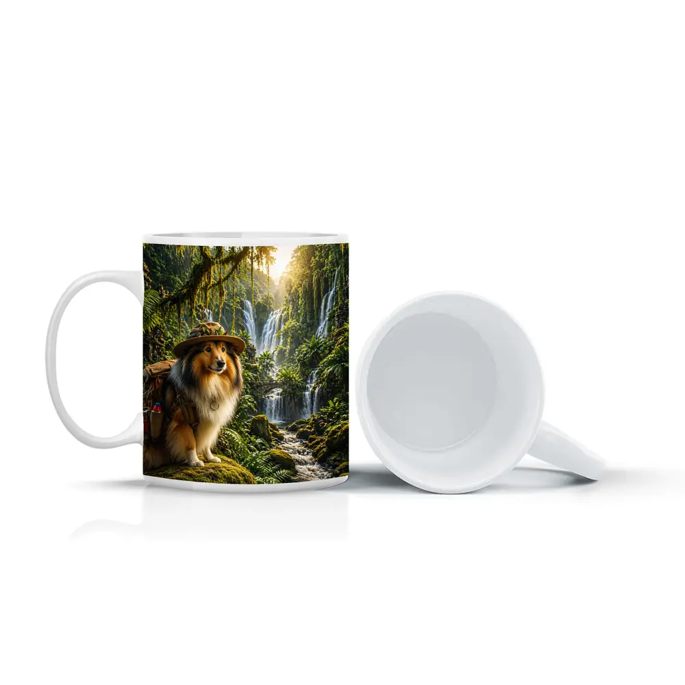Collie Explorer Dog Jungle Waterfall Adventure – Mugs