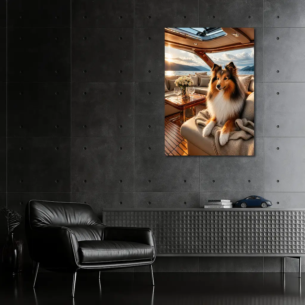 Shetland Sheepdog Relaxing on Luxury Yacht Interior – Wall Art