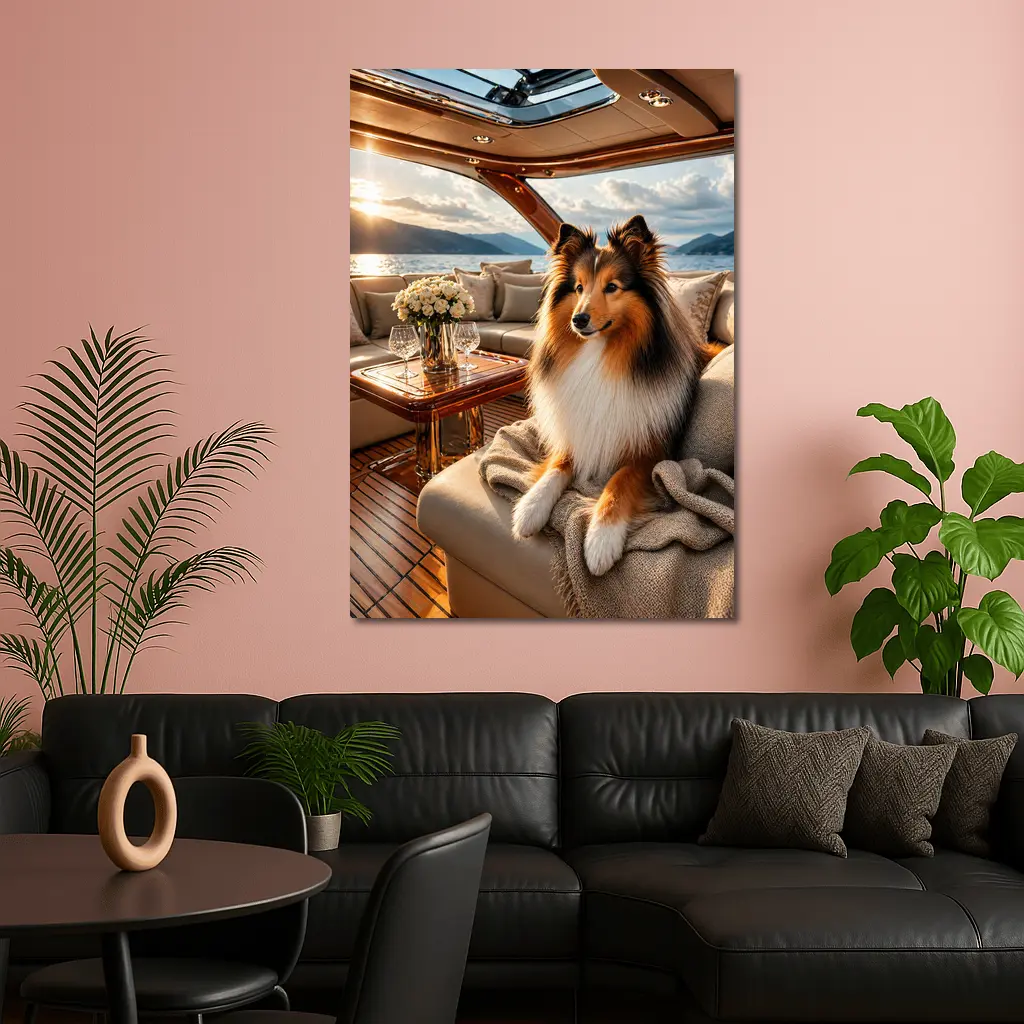 Shetland Sheepdog Relaxing on Luxury Yacht Interior – Wall Art