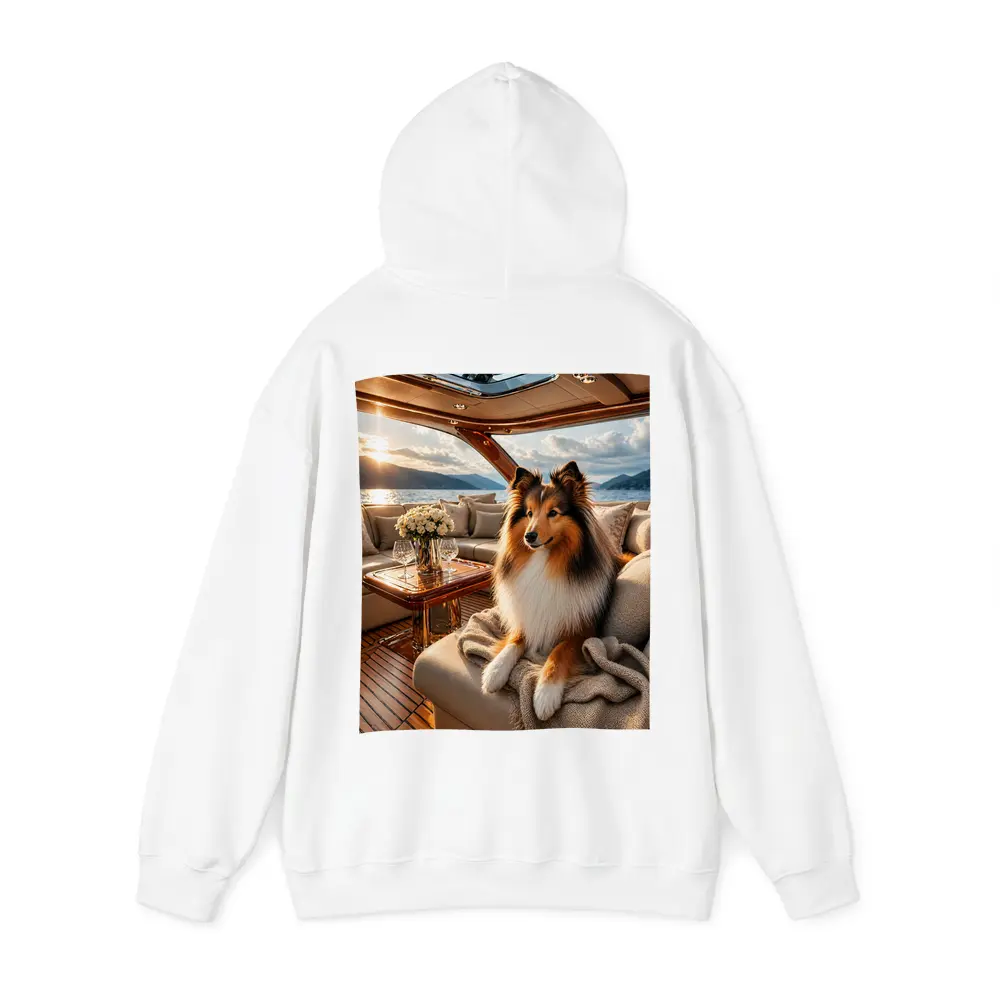 Shetland Sheepdog Relaxing on Luxury Yacht Interior – Hoodies
