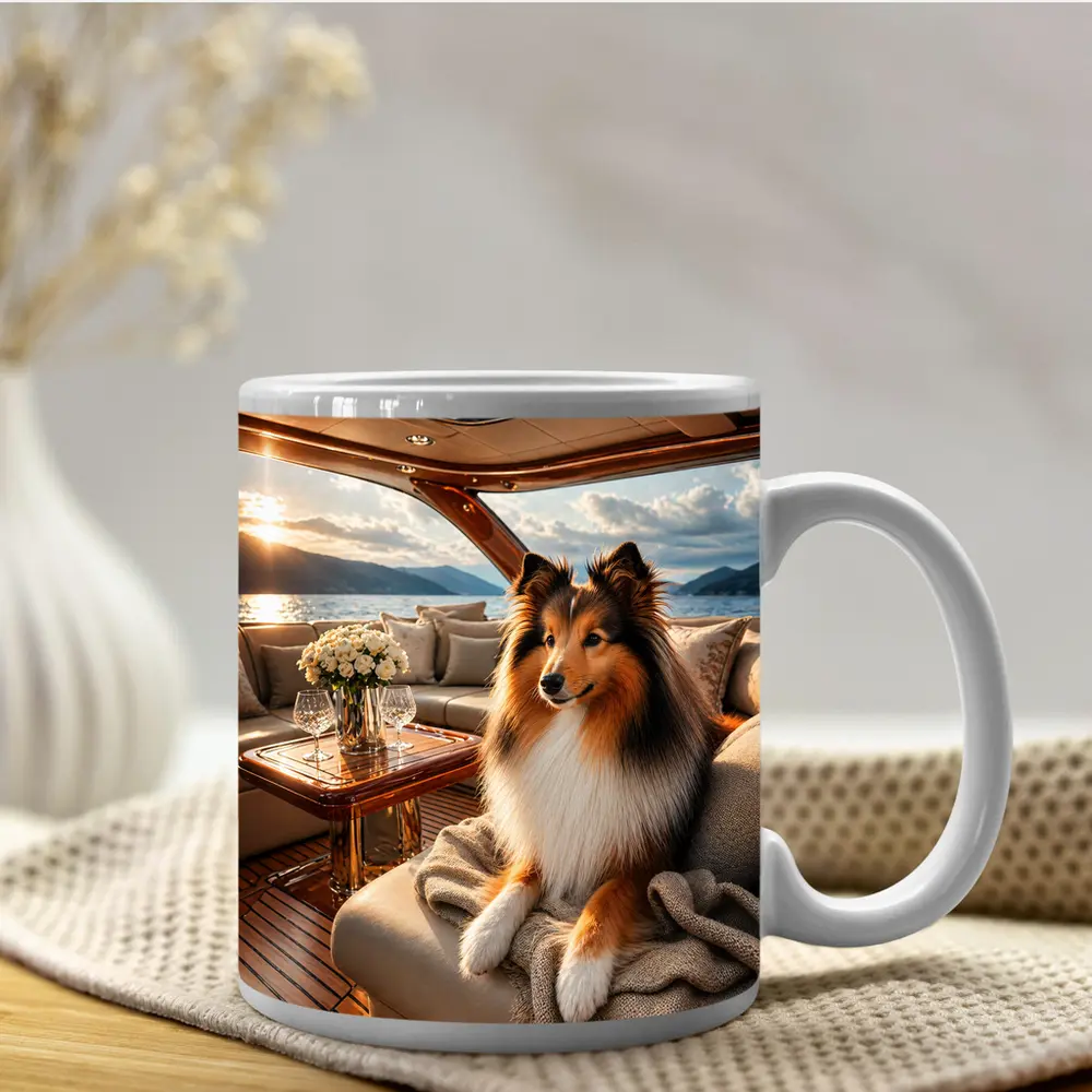 Shetland Sheepdog Relaxing on Luxury Yacht Interior – Mugs