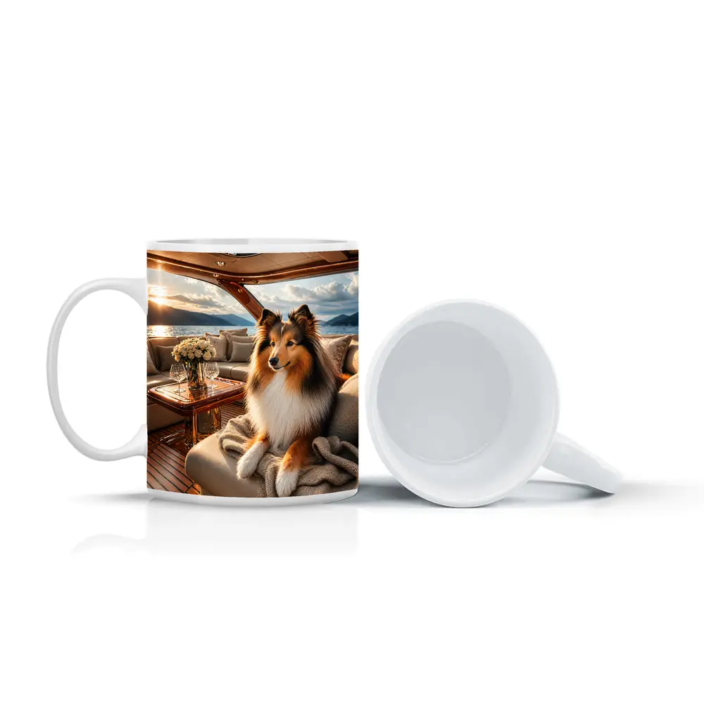 Shetland Sheepdog Relaxing on Luxury Yacht Interior – Mugs