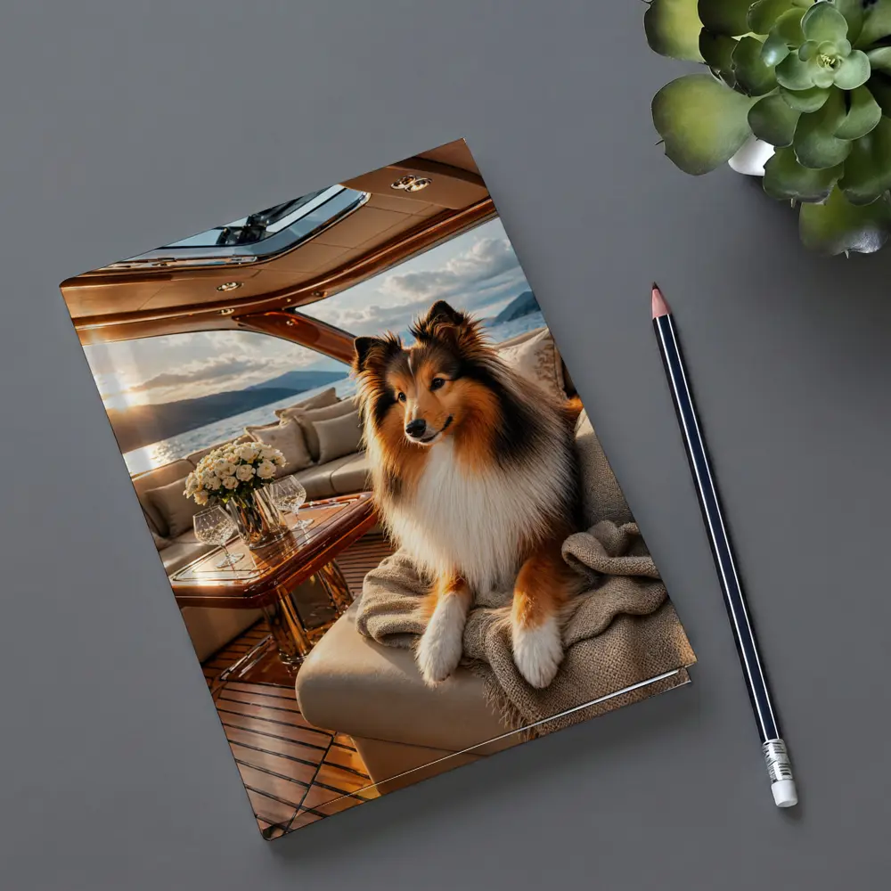 Shetland Sheepdog Relaxing on Luxury Yacht Interior – Notebooks