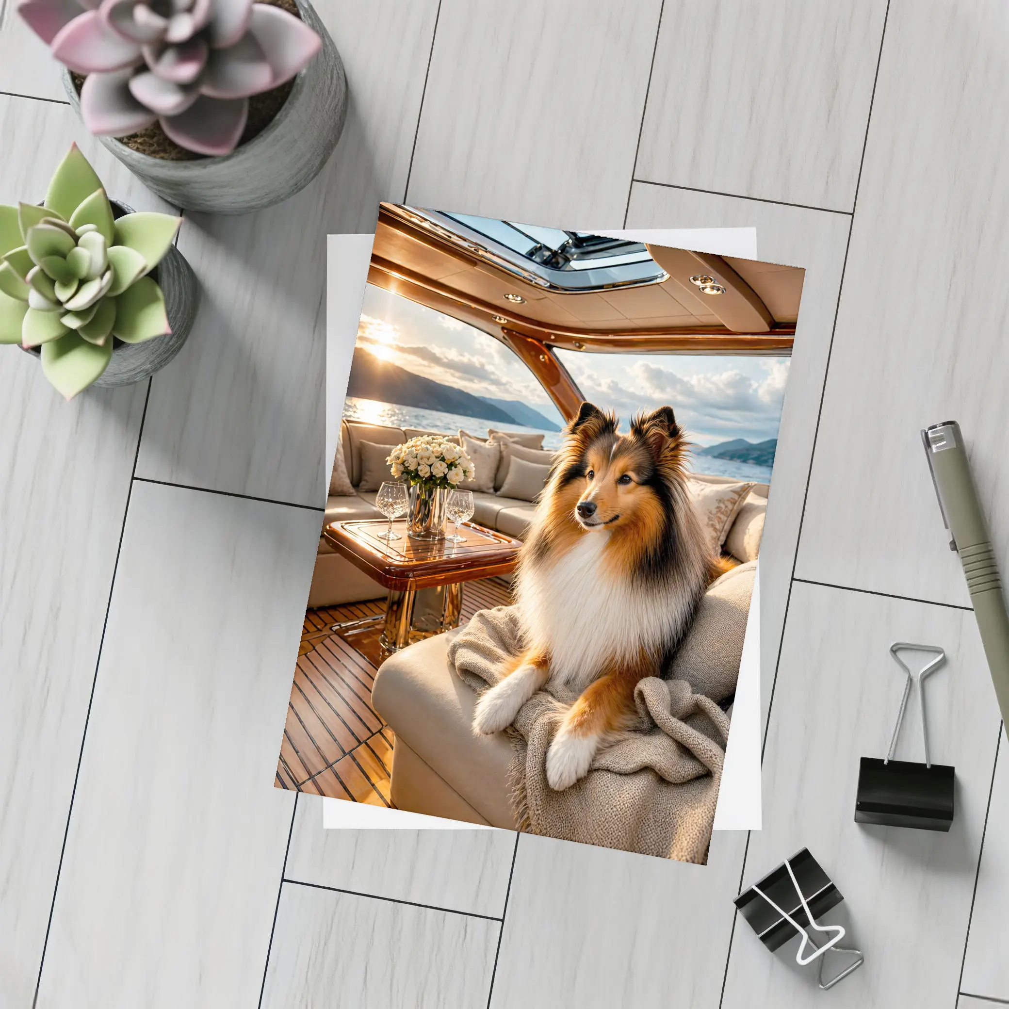 Shetland Sheepdog Relaxing on Luxury Yacht Interior – Postcards