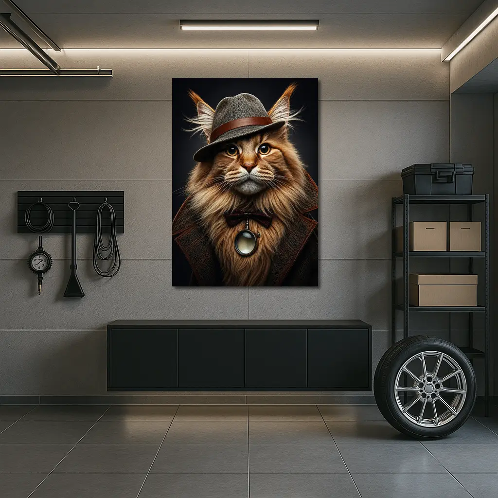 Detective Maine Coon Cat Dark Background Portrait – Wall Art