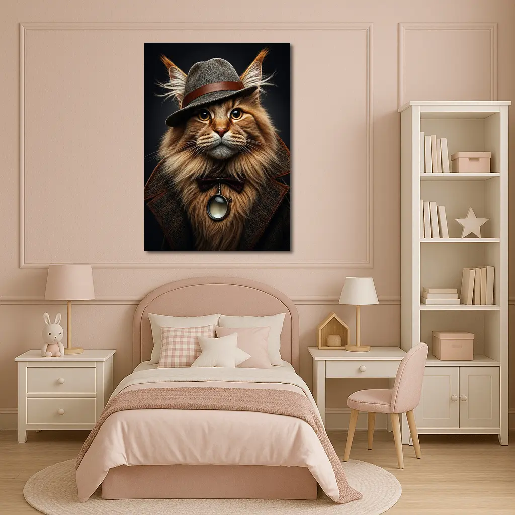 Detective Maine Coon Cat Dark Background Portrait – Wall Art