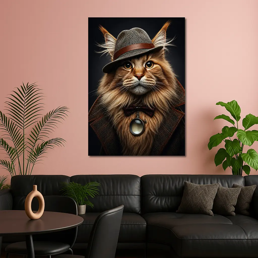Detective Maine Coon Cat Dark Background Portrait – Wall Art