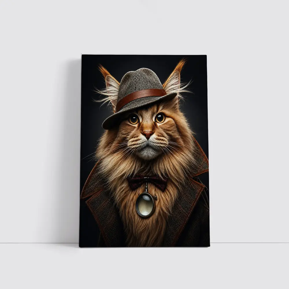 Detective Maine Coon Cat Dark Background Portrait – Wall Art