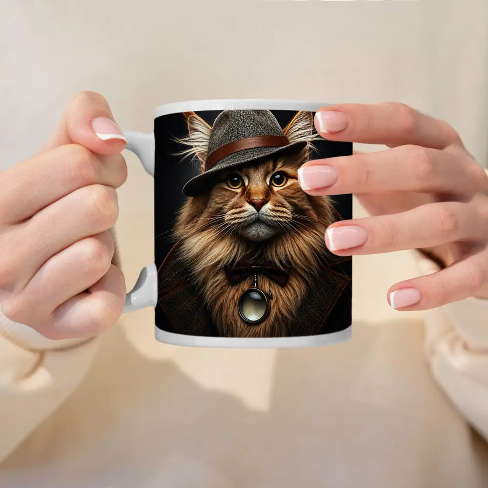 Detective Maine Coon Cat Dark Background Portrait – Mugs