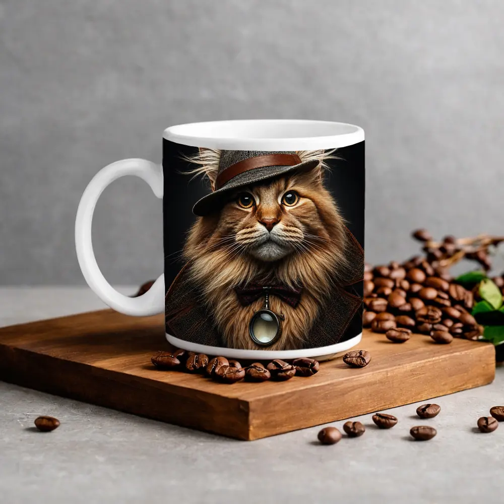 Detective Maine Coon Cat Dark Background Portrait – Mugs