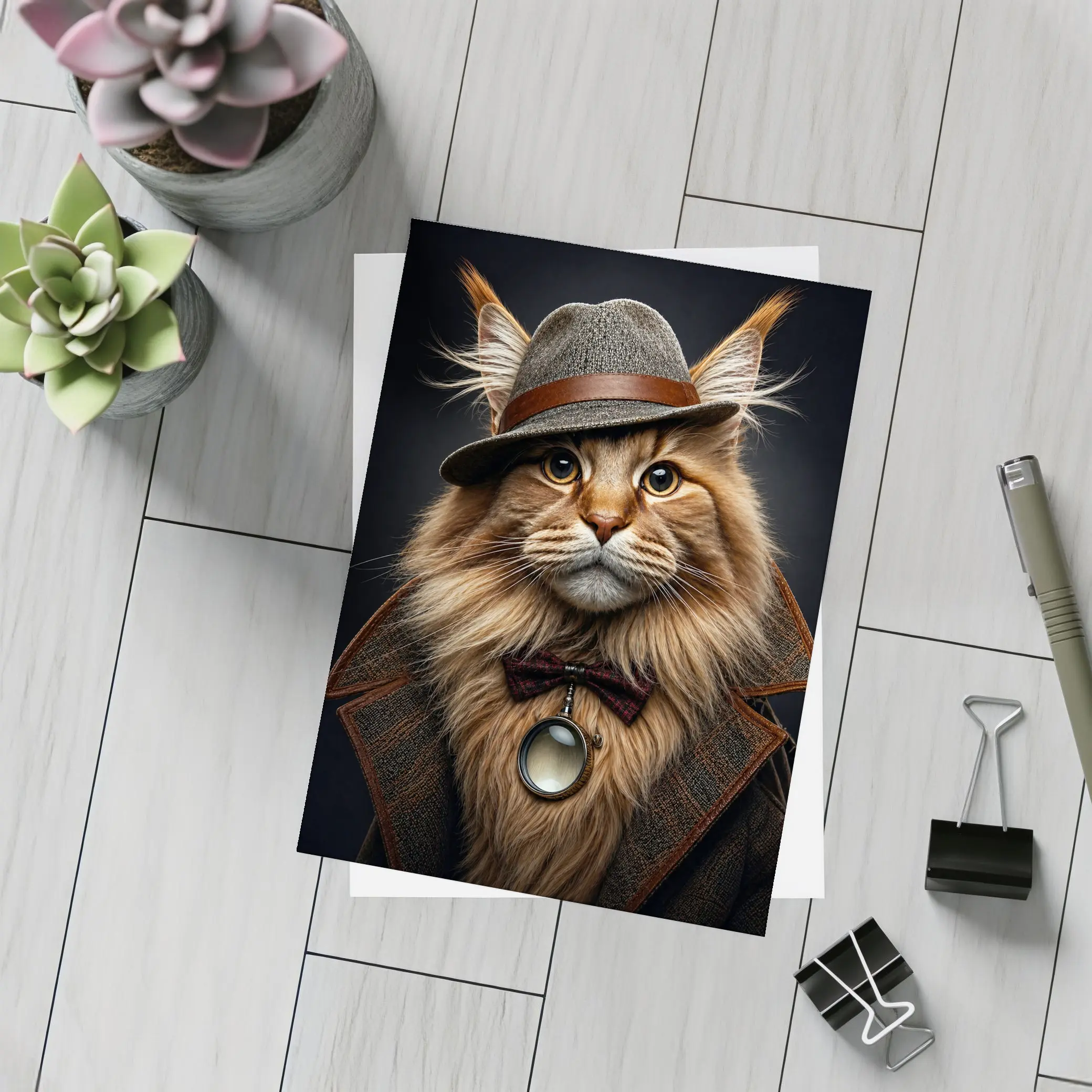 Detective Maine Coon Cat Dark Background Portrait – Postcards