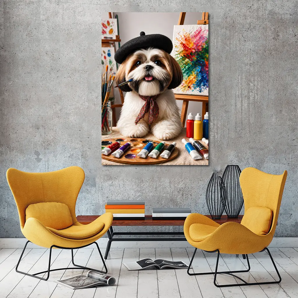 Shih Tzu Artist Painting Colorful Canvas Studio – Wall Art